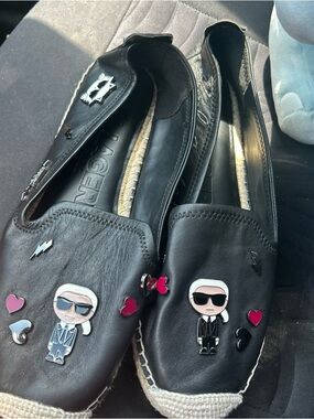 Karl Lagerfeld Black Espadrille Slip-On Flats with Jute Trim